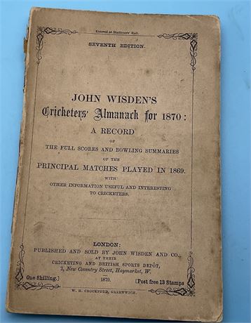 1870 Original Paperback Wisden - 7th Editn - No Restoration