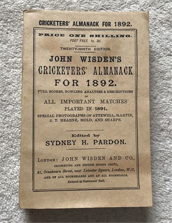1892 Wisden Paperback, Facsimile Front Cover/Spine