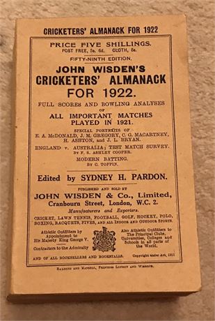 1922 Paperback Wisden , Facsimile Spine & Covers