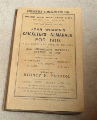 1910 Original Paperback Wisden with Facs Spine, Covers & Pgs