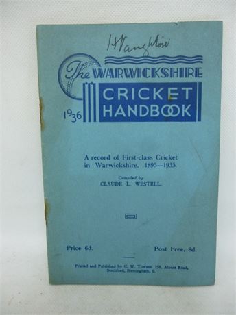 WARWICKSHIRE CRICKET HANDBOOK BOOK 1936.GOOD PLUS
