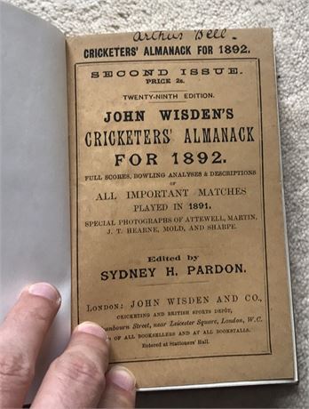 1892 Wisden, Rebound with Covers. VV Good.