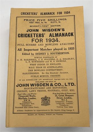 1934 Paperback Wisden with Facsimile Spine and Covers - VG!